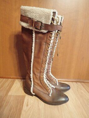 Arturo Chiang Knee High Leather Boots W/Buckle and Zipper Lace Up Sherpa Sz 8.5